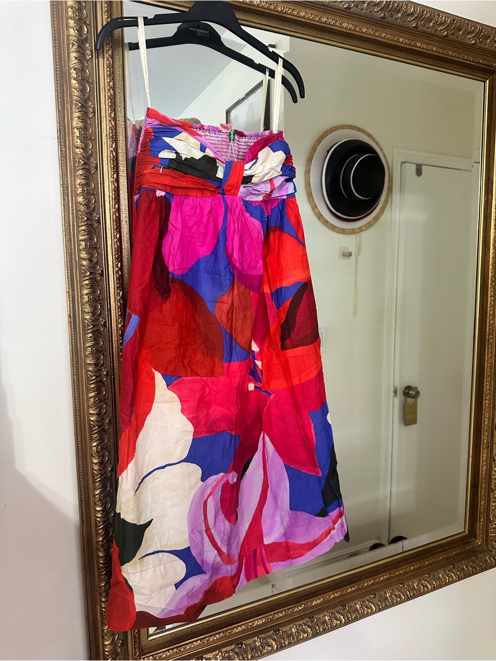 FARM Rio Strapless Midi Dress in Pink, Red & Blue Abstract Print